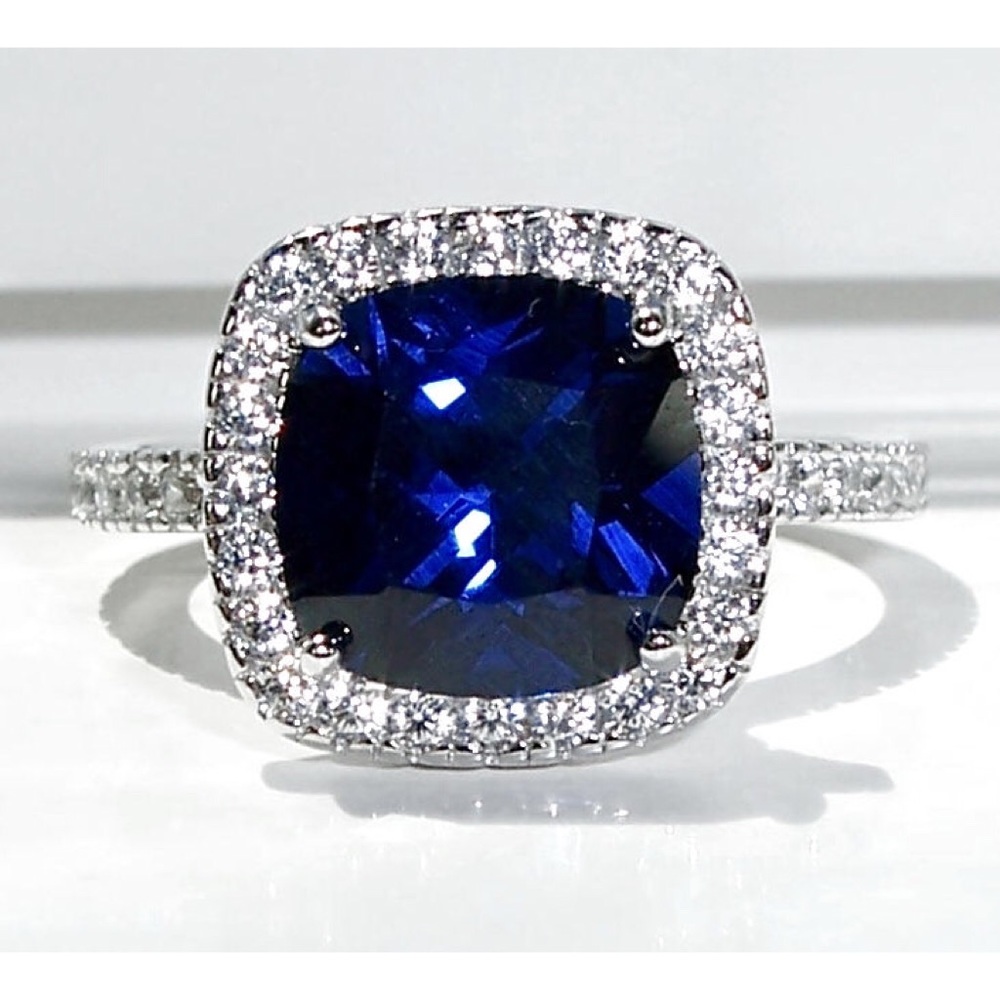 925 STERLING SILVER Cushion Cut Blue Spinel & Cubic Zirconia Halo Ring - Picture 1 of 16
